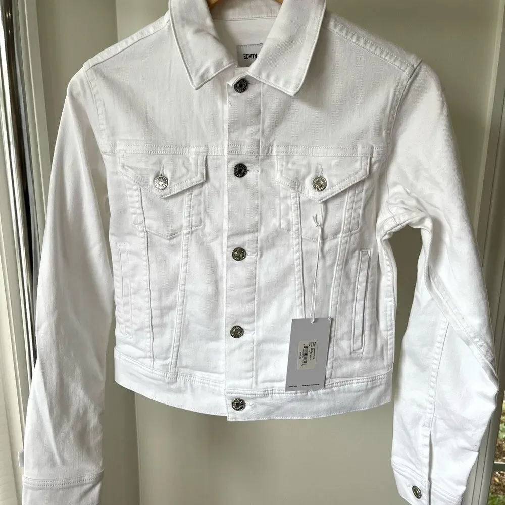 Anthropologie‎ Edwin Evie Optic White Jean Jacket Silver Hardware NWT Small - Picture 9 of 12